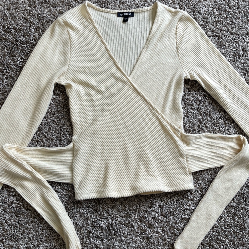 Express Cream Ribbed Wrap Top - Picture 8 of 9